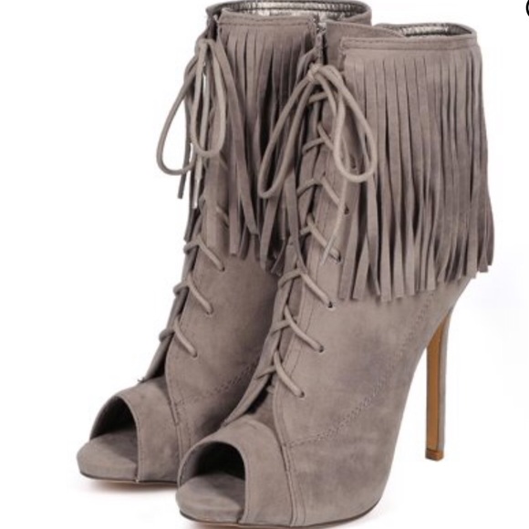 Liliana Shoes - Liliana Tavi Suede Fringe Peep Toe Lace Up Bootie